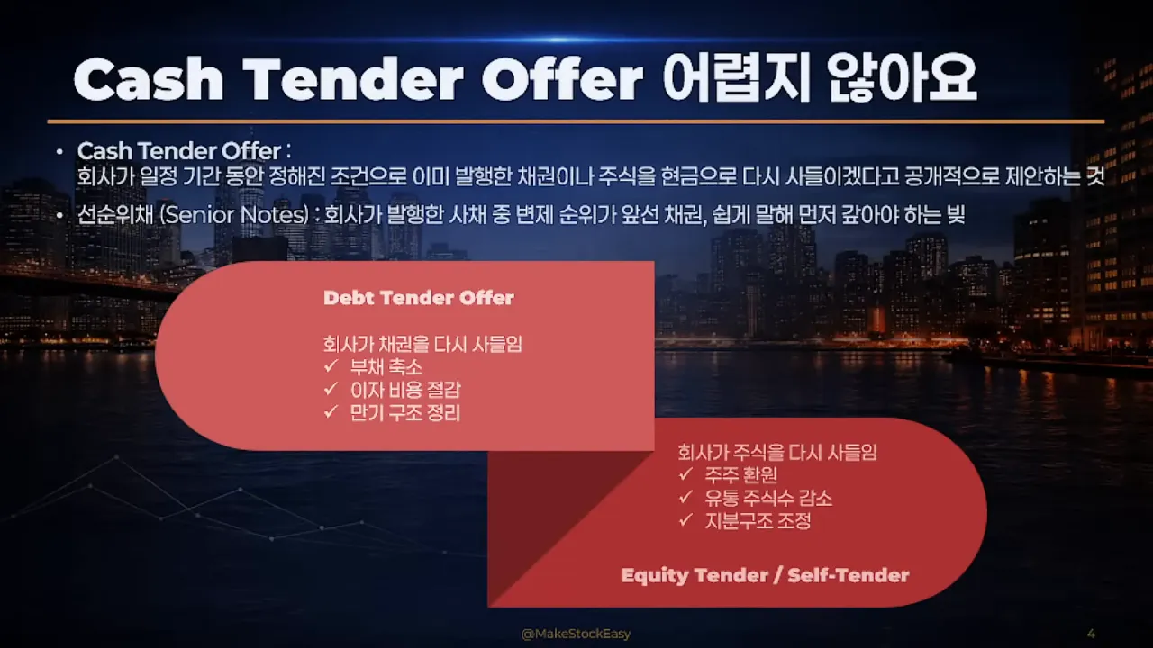 Cash Tender Offer에서 Debt Tender와 Equity Tender를 비교하는 요약 슬라이드