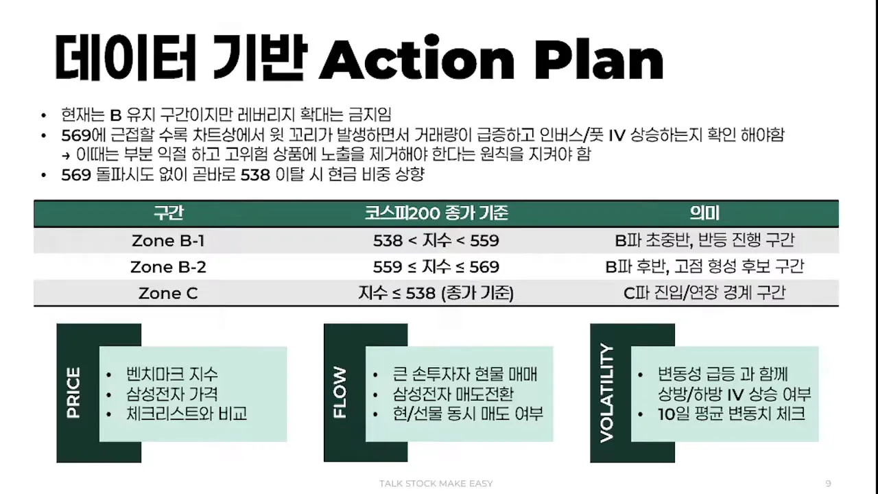 Action Plan 프레젠테이션 슬라이드: 538/559/569 구간 표와 가격·플로우·변동성 체크박스가 선명하게 보임