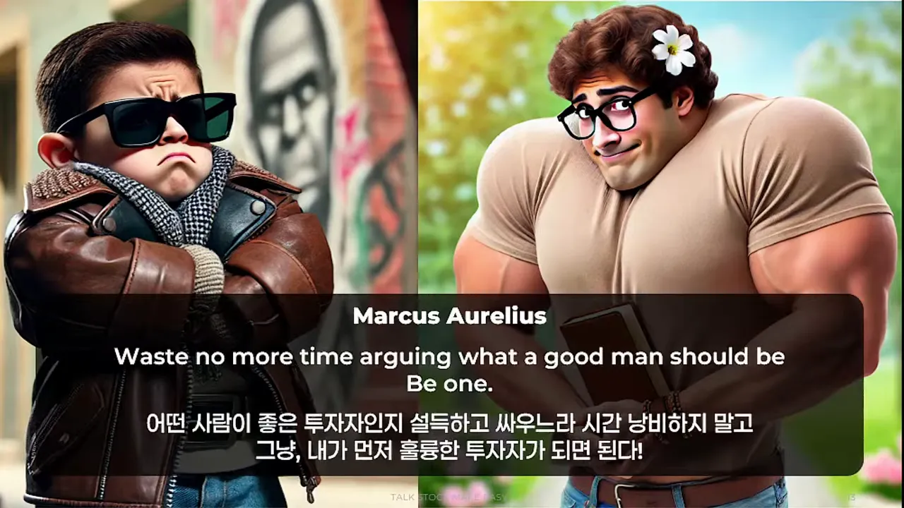 마커스 아우렐리우스 인용 슬라이드: 'Waste no more time arguing what a good man should be. Be one.'와 한국어 해설이 보이는 클리어샷