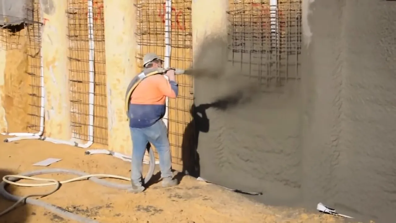 Construction crew member applying shotcrete to rebar skeleton to form pool shell