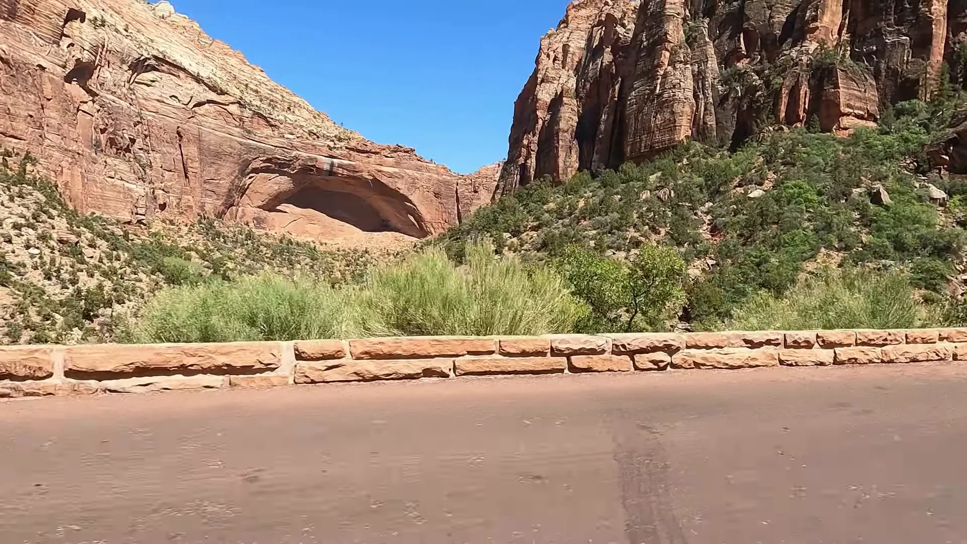 Zion Canyon Scenic Drive with towering cliffs on either side