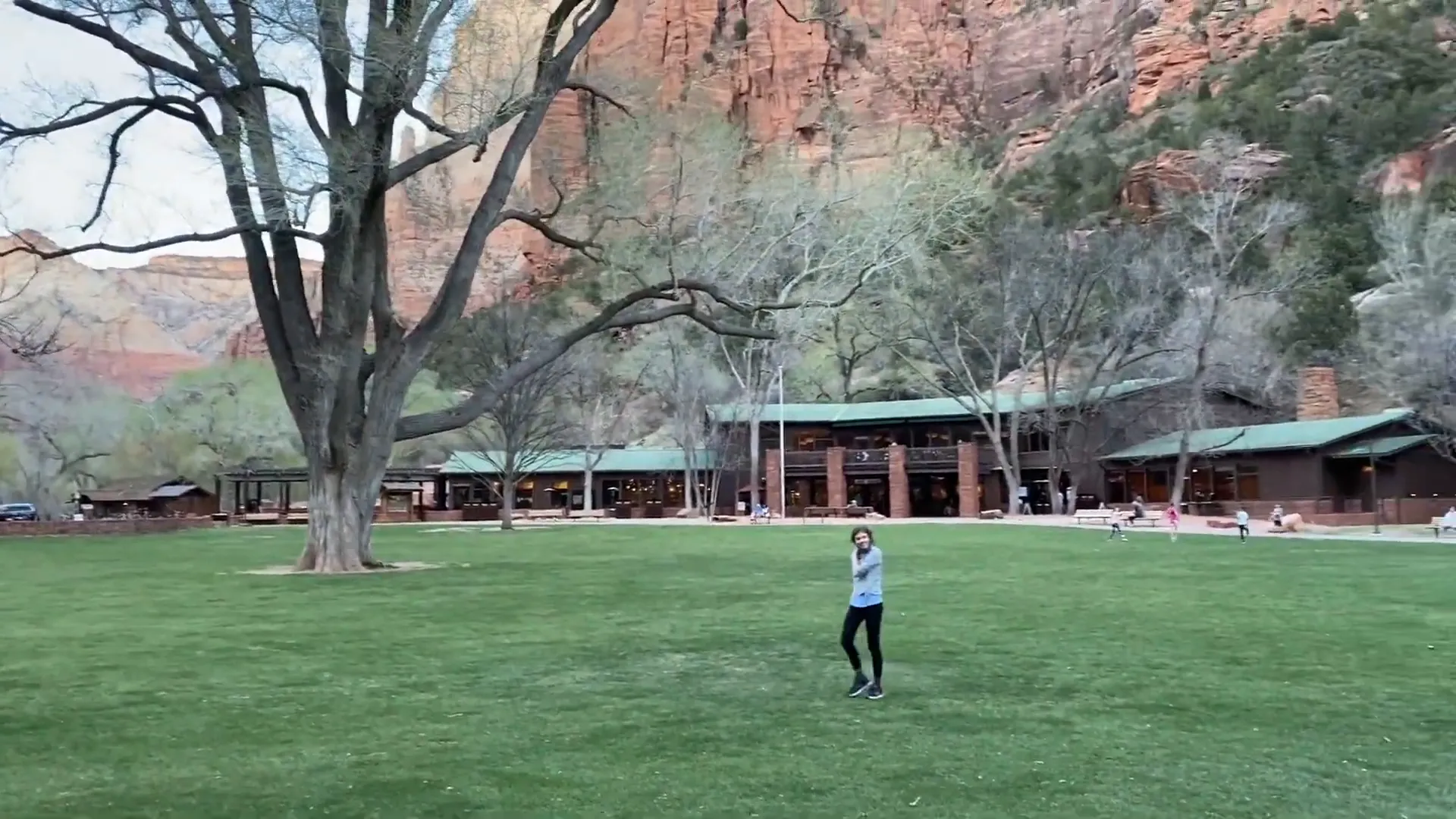 Families relaxing and playing on the lawn at Zion Lodge
