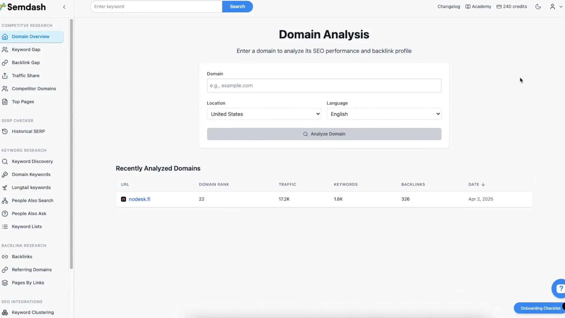 Semdash dashboard overview showing a familiar SEO tool layout
