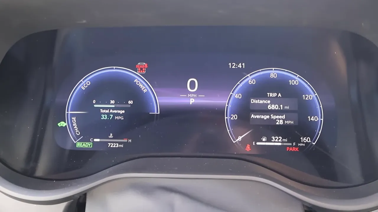 Toyota Sienna digital instrument cluster showing 33.7 MPG total average and Trip A info