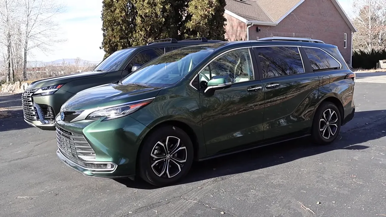 Toyota Sienna side three-quarter view parked next to a Lexus LX, showing overall styling