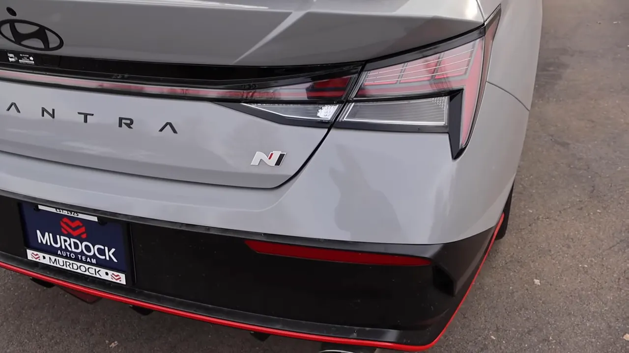 2026 Hyundai Elantra N rear with full-width light bar, N badge and red lower trim