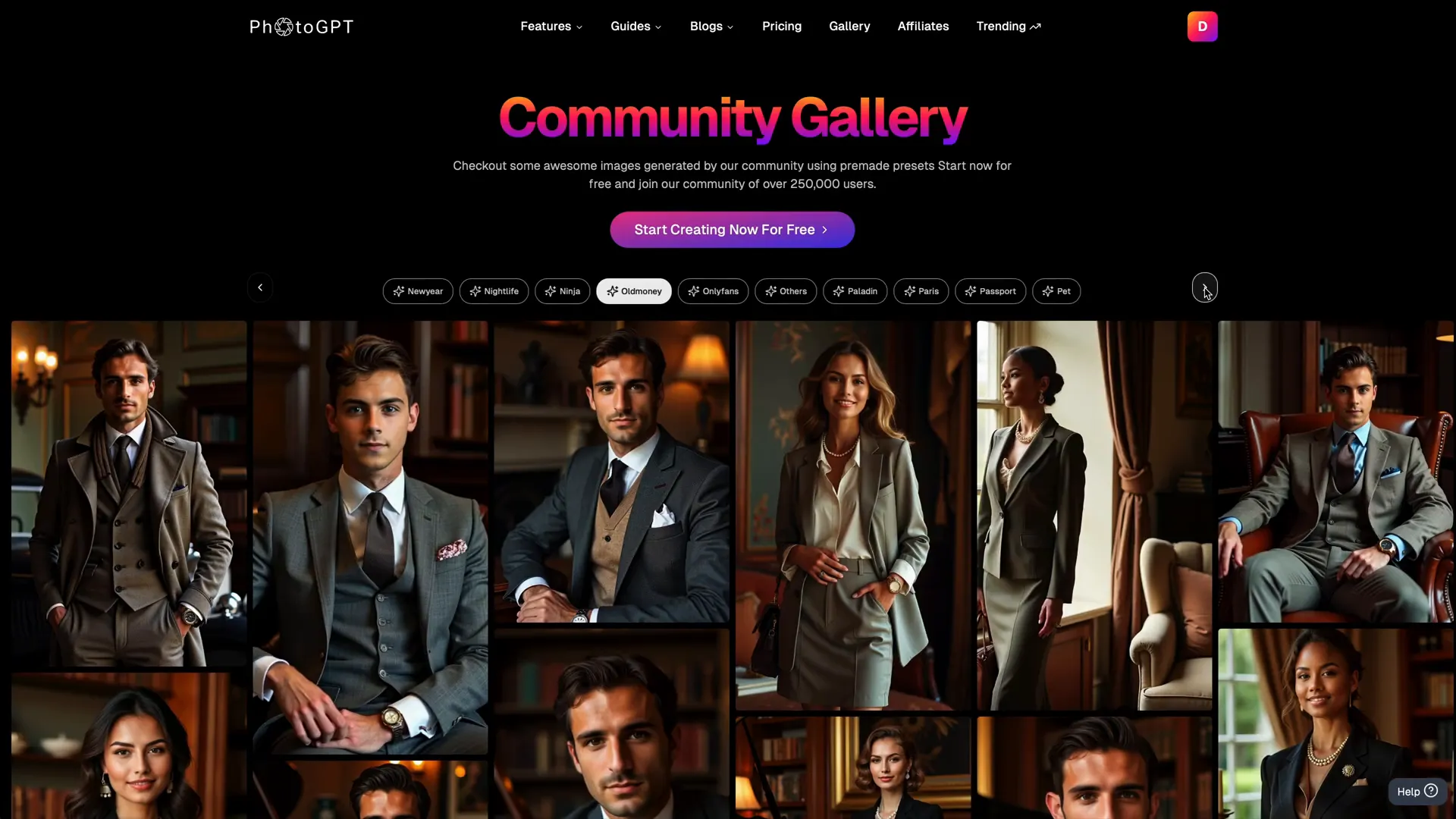 Browsing pre-made themes in PhotoGPT AI