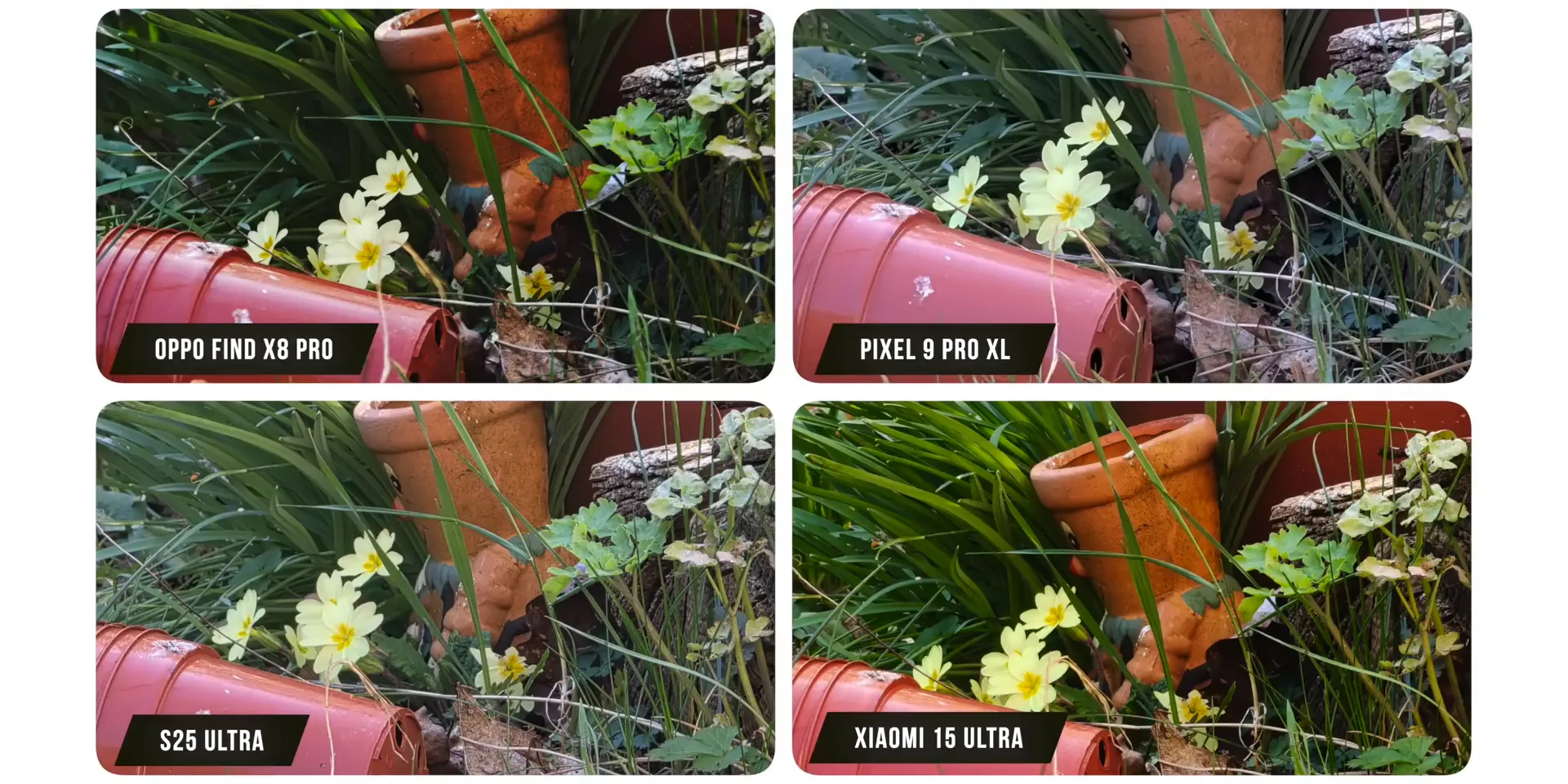Side-by-side 10x zoom shots from four phones showing differences in detail and noise