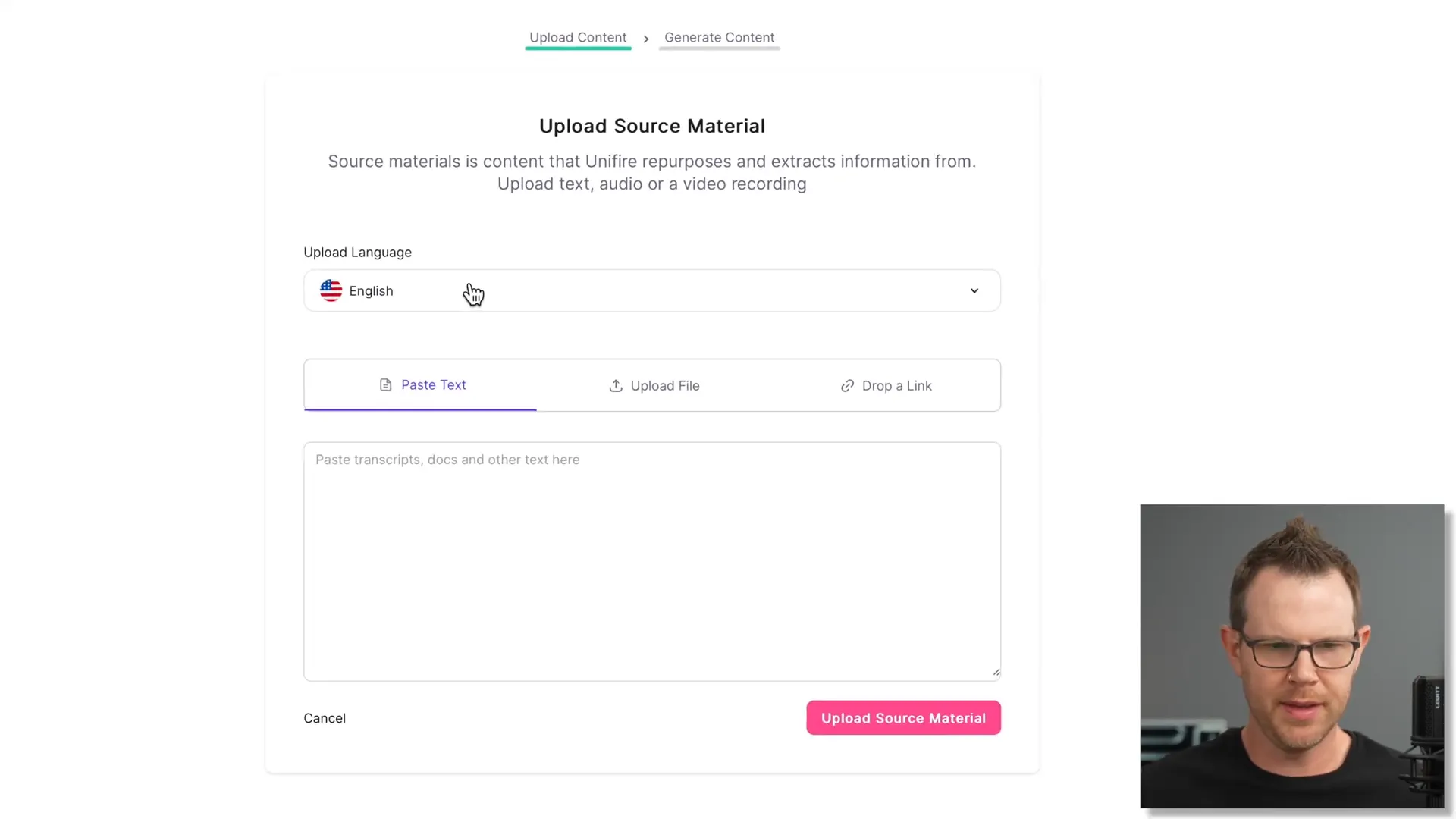 Uploading source material for content generation in Unifire.ai