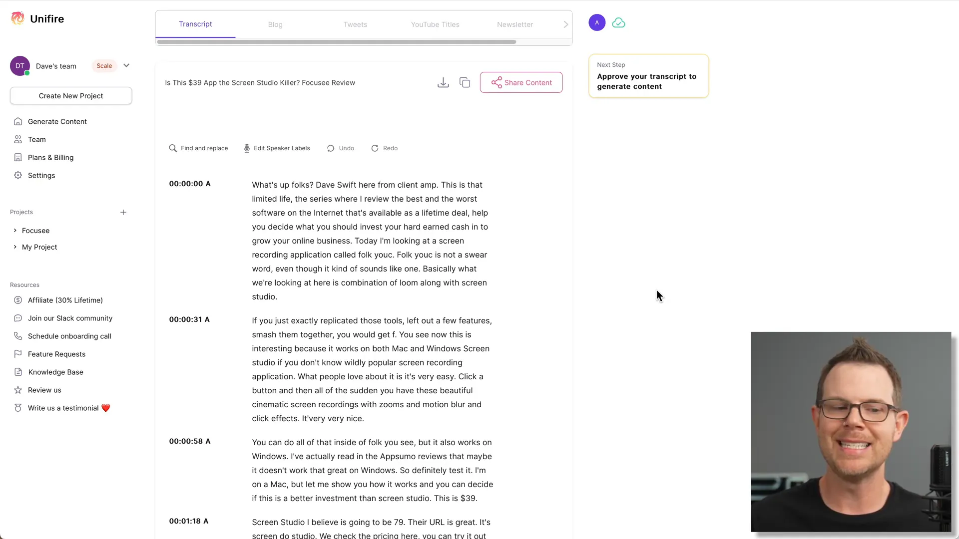 Unifire.ai transcript editing interface showing errors