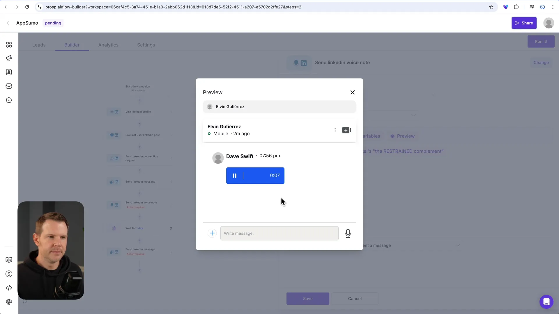Prosp AI voice cloning preview with personalized voice note