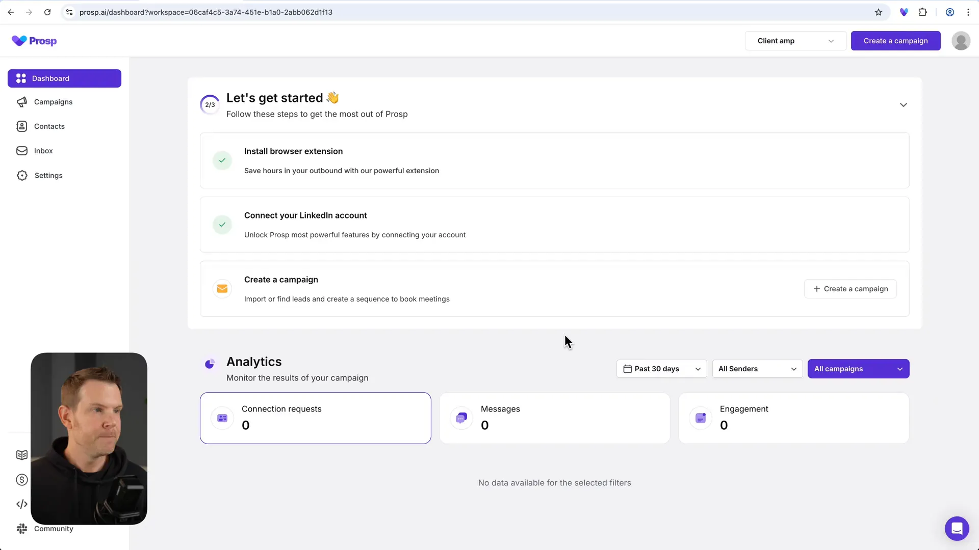 Prosp fresh account dashboard with getting started guide