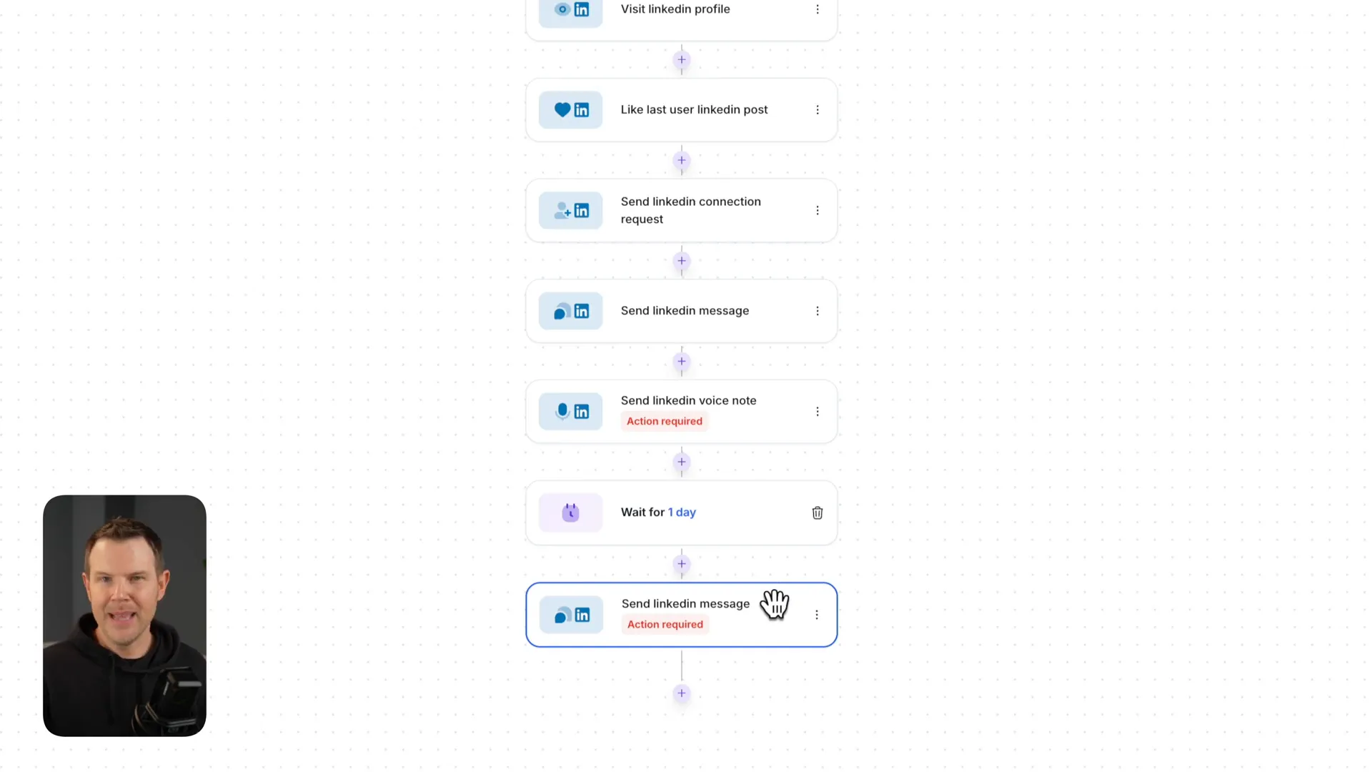 Prosp automation builder showing outreach steps