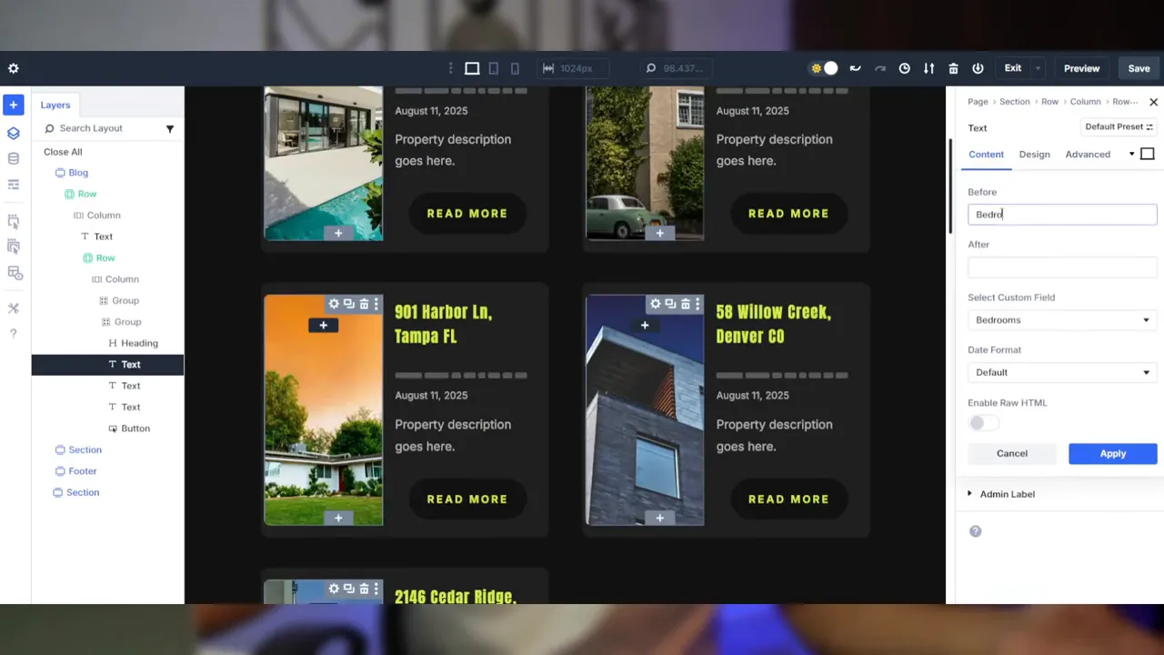 Beispiel: Loop Builder für eine Immobilienliste mit Feldern wie Schlafzimmer und Badezimmer