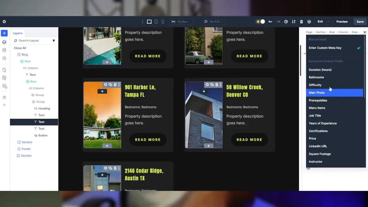 Beispiel: ACF-Felder werden in Divi Loop Builder gemappt