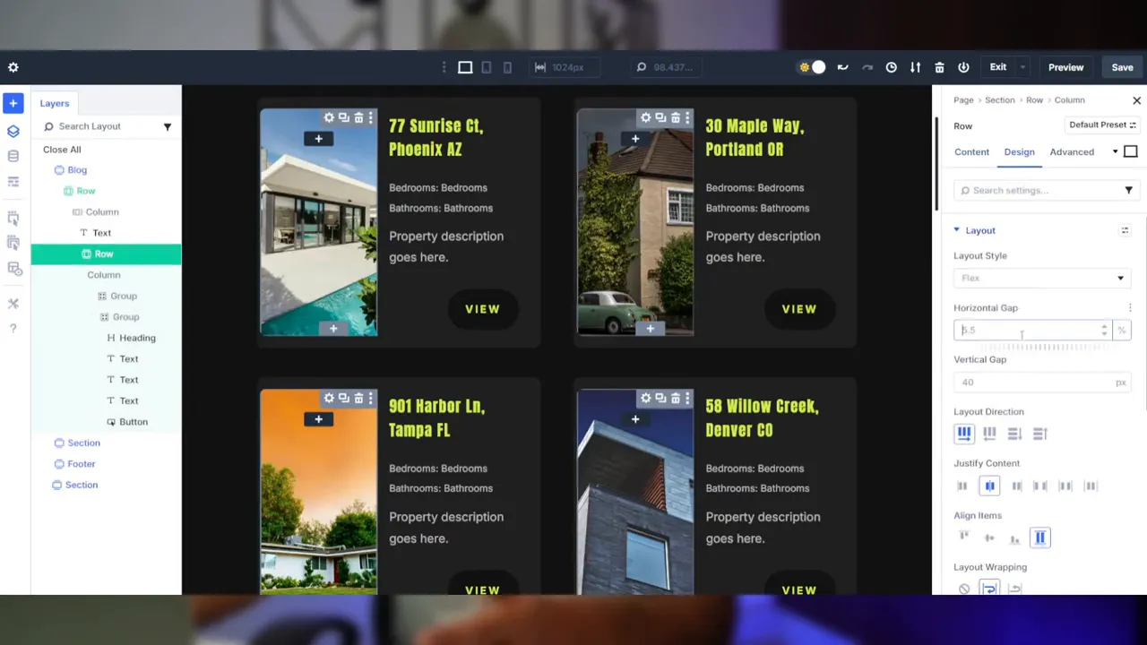 Flexbox Einstellung: Loop Container aktiviert 'flex' und auf 'row' gesetzt