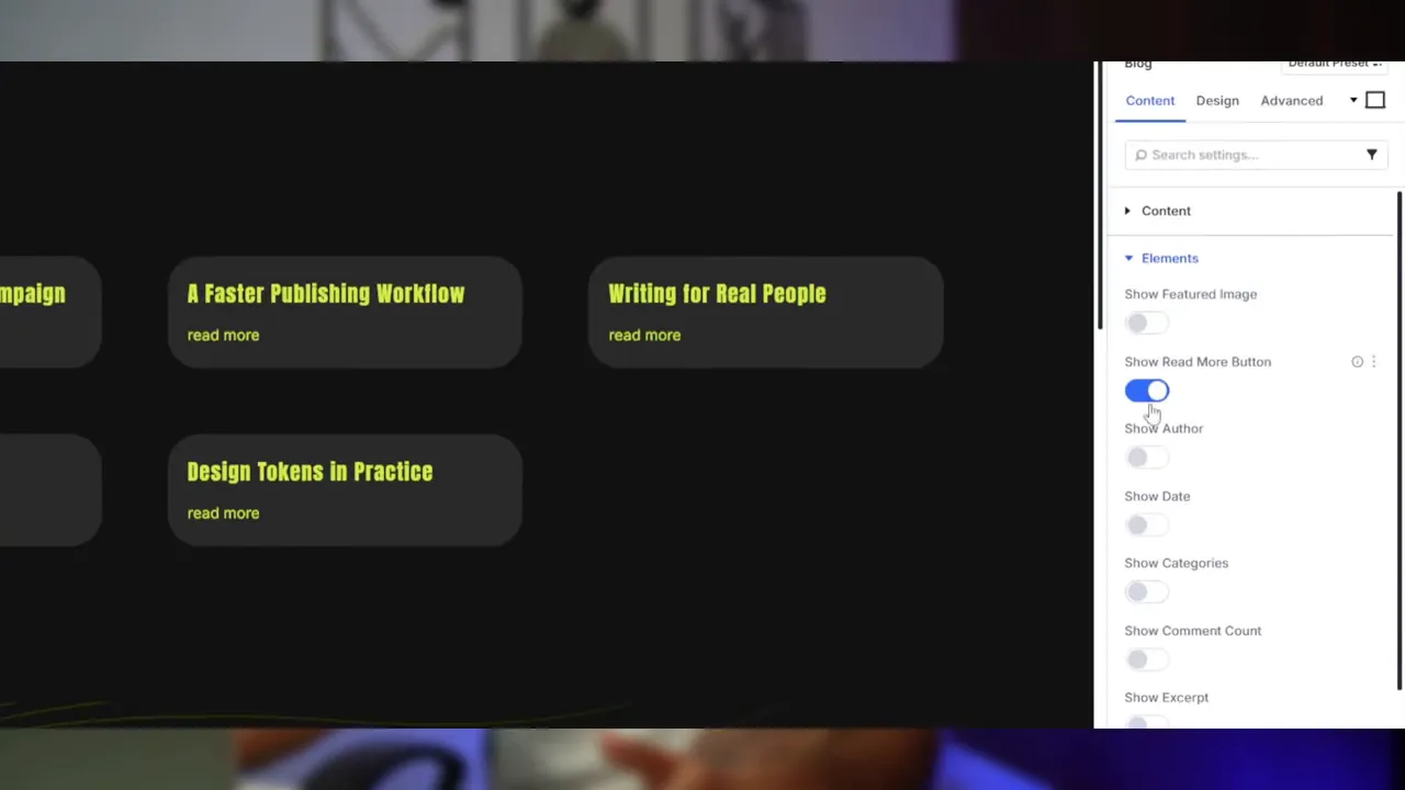 Blog-Modul: Einstellungsseite mit Toggles für Autor, Datum, Auszug und Bild