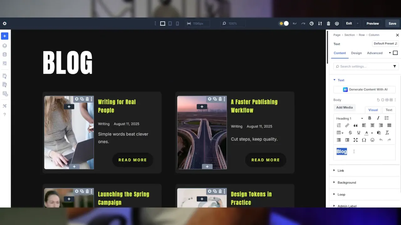 Beispielkarte: Maßgeschneiderte Blog-Card mit Kategorien, Datum und Bild