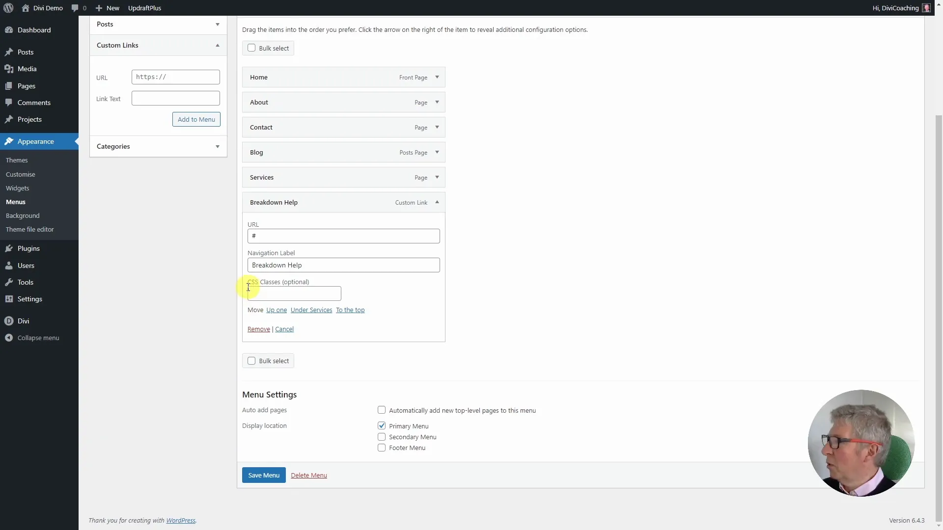CSS-Klasse für Menüpunkt hinzufügen