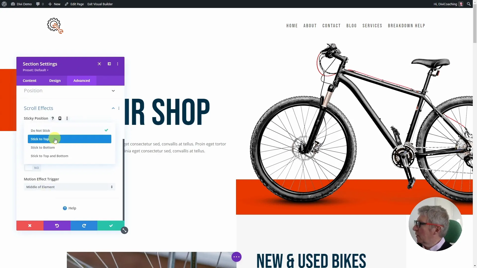 Sticky Effekt im Divi Theme Builder aktivieren