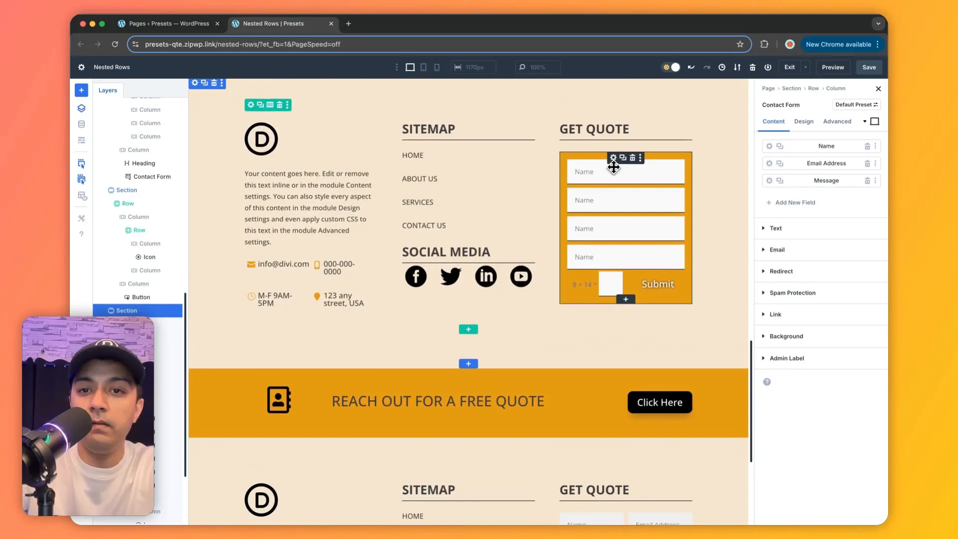 Kontaktformular im Footer mit verschachtelten Reihen