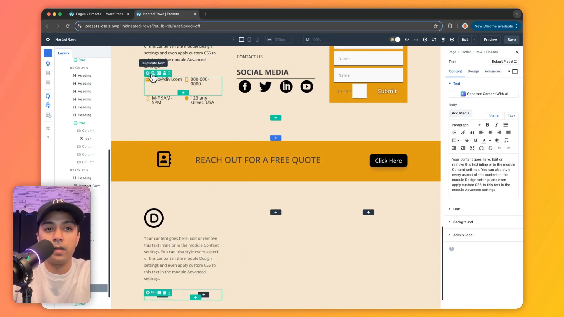 Logo und verschachtelte Reihen mit Icons und Text im Footer