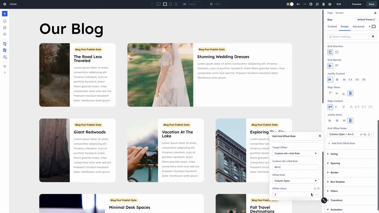Beispiel: Jedes vierte Item spannt zwei Spalten im Offset-Editor