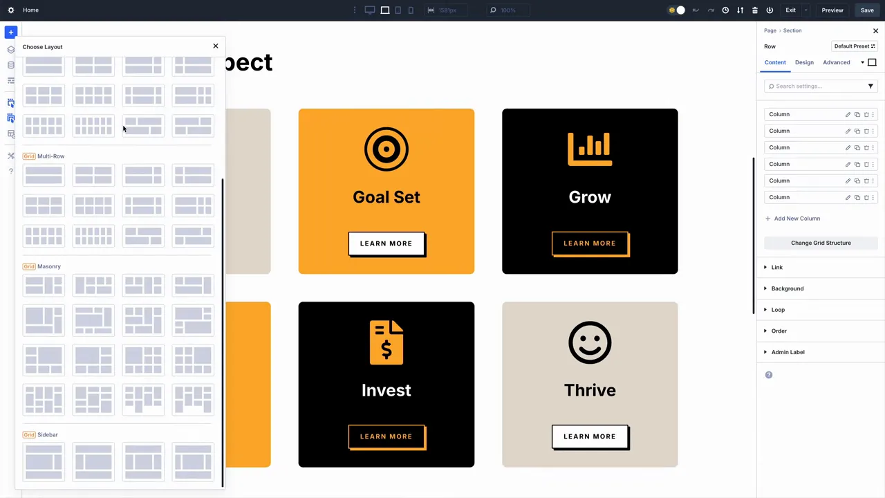 Menü für Grid-Vorlagen in Divi 5; Auswahl der Vorlage