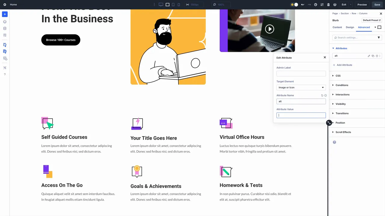 Custom Attributes Panel in Divi 5; Beispiel mit Alt und aria-label