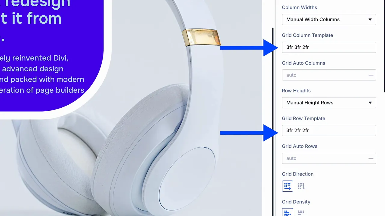 Grid Settings Panel in Divi 5 mit Auswahlmöglichkeiten für Spalten und Lücken