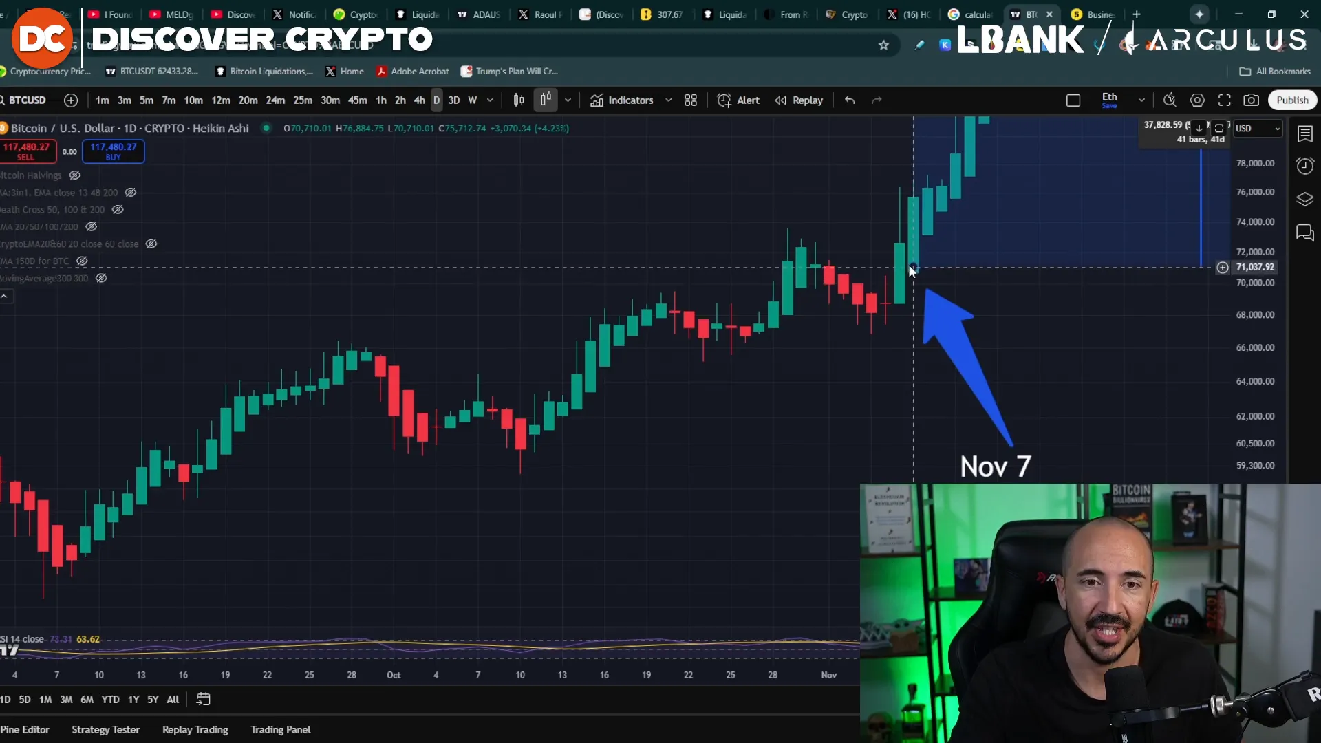 Bitcoin price chart showing November 7, 2024, green candle
