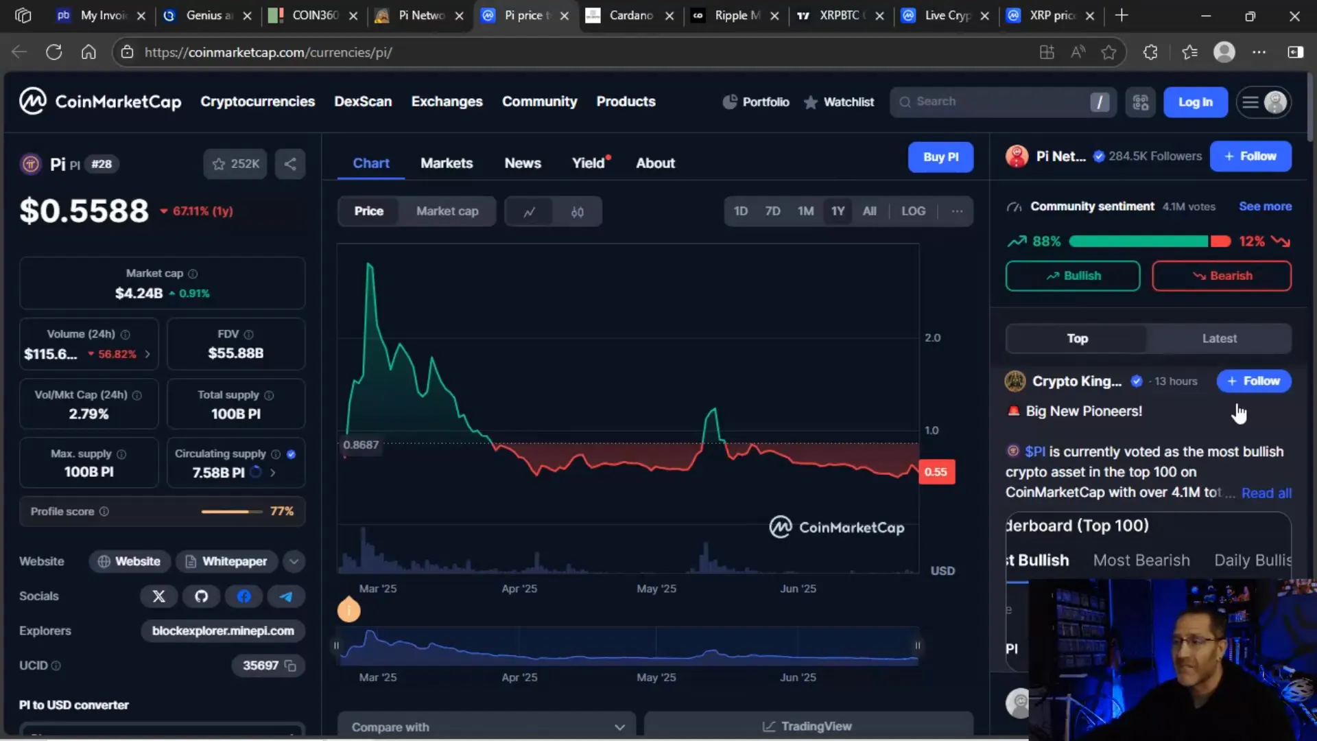 Pi Network price chart showing hype and decline