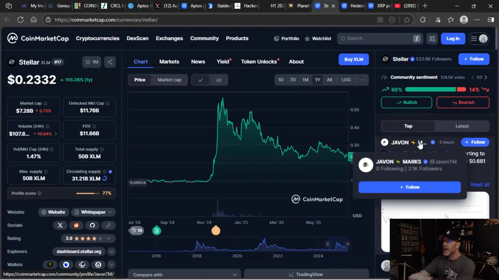 XLM one year chart showing price peaks and drops
