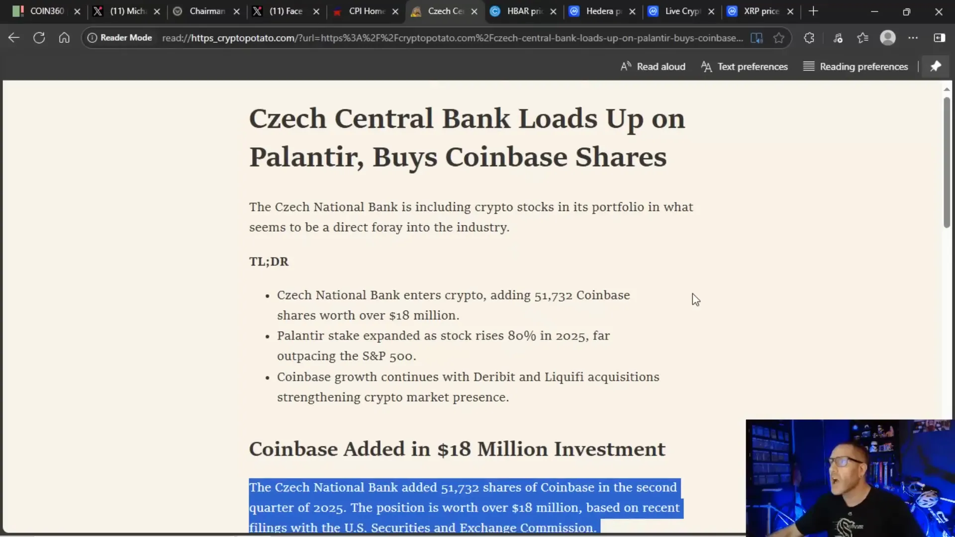 Czech National Bank investing in Coinbase shares showing institutional interest