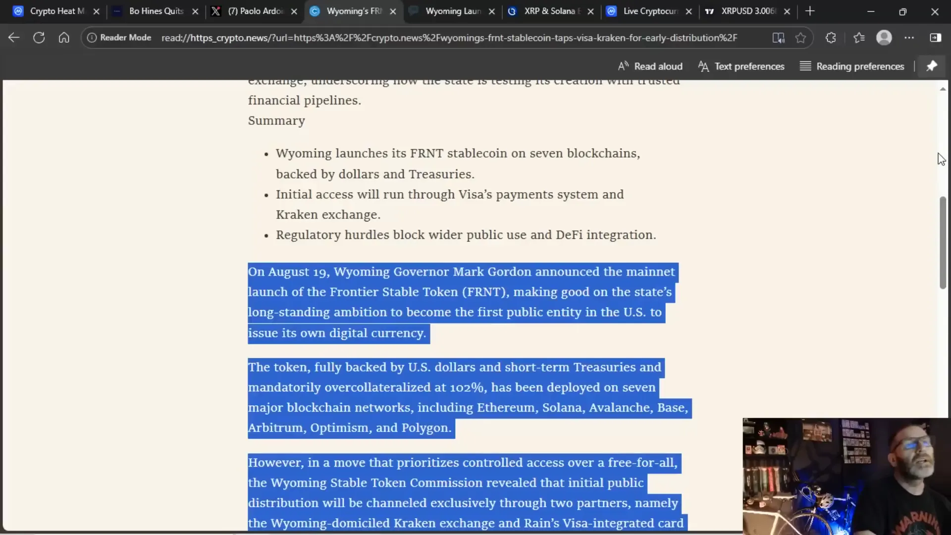 Wyoming FRNT stablecoin multi-chain launch announcement