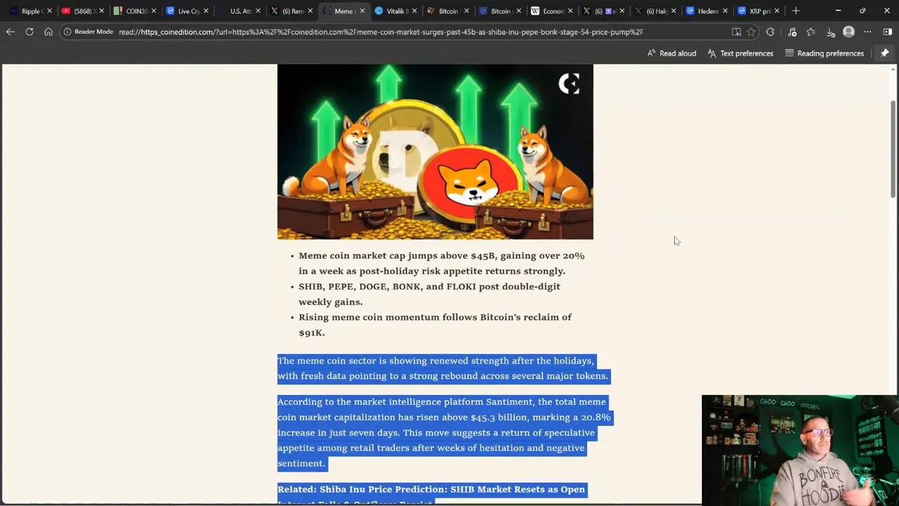 Web article page with meme‑coin illustration (Shiba/Doge artwork) and highlighted paragraph about meme coin market cap; small presenter inset in lower right.