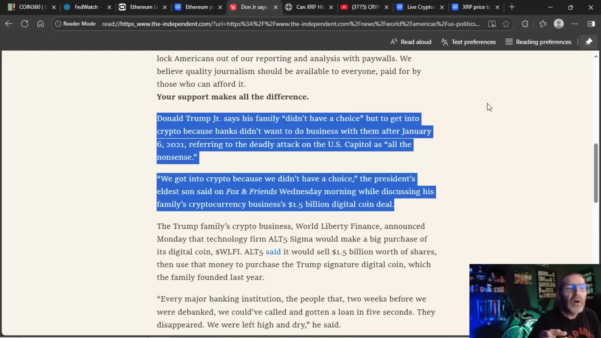 Donald Trump Jr. discussing family entering crypto after banking issues
