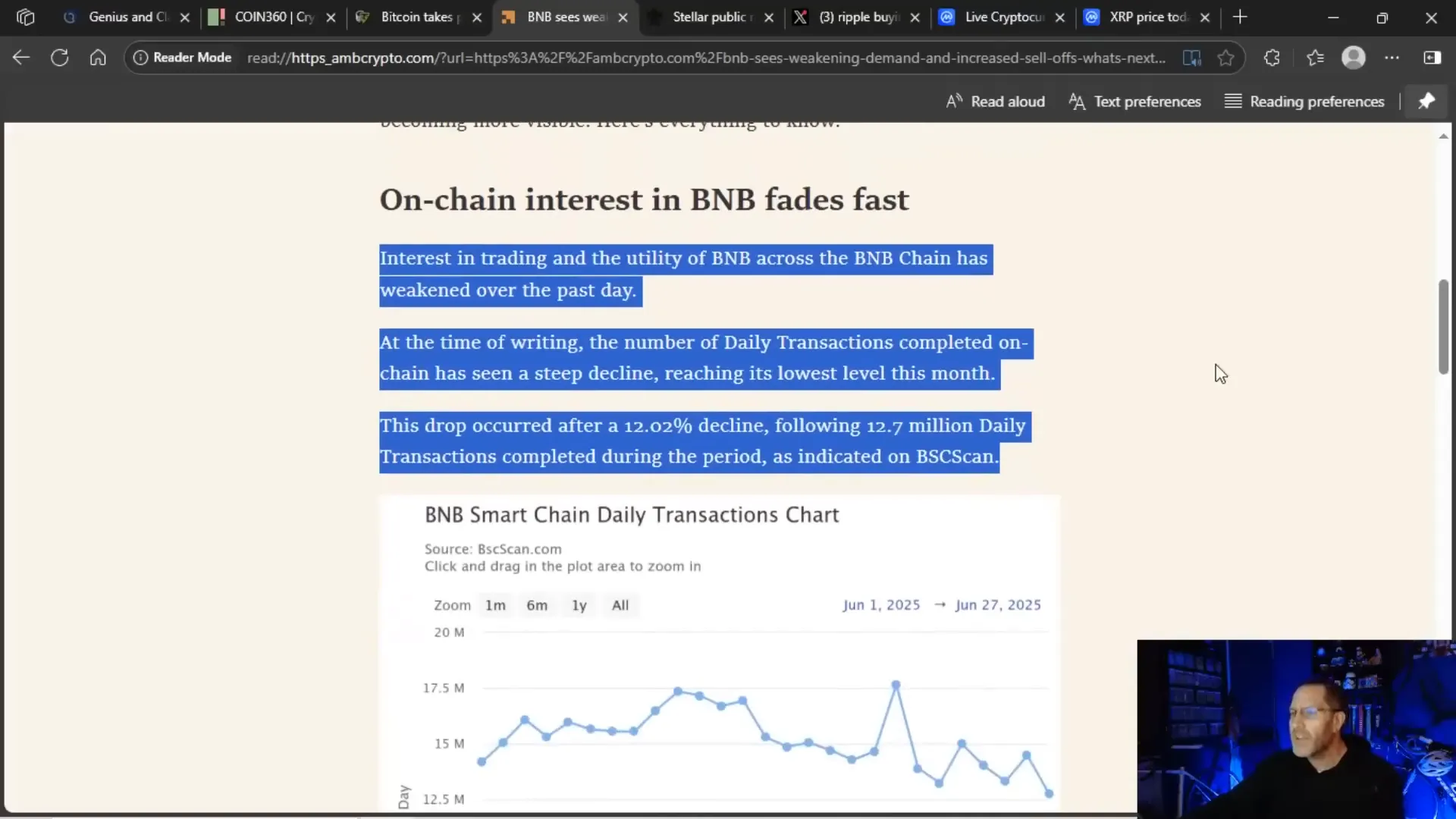BNB on-chain transaction decline chart