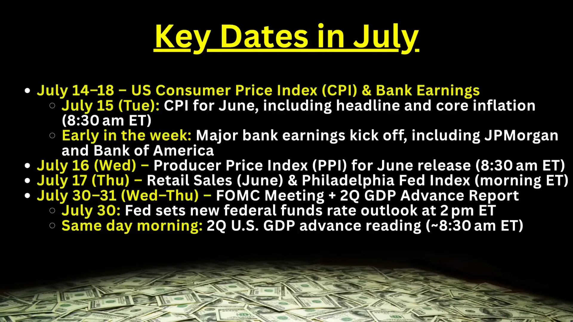 Key July dates for CPI, bank earnings, and Fed meetings