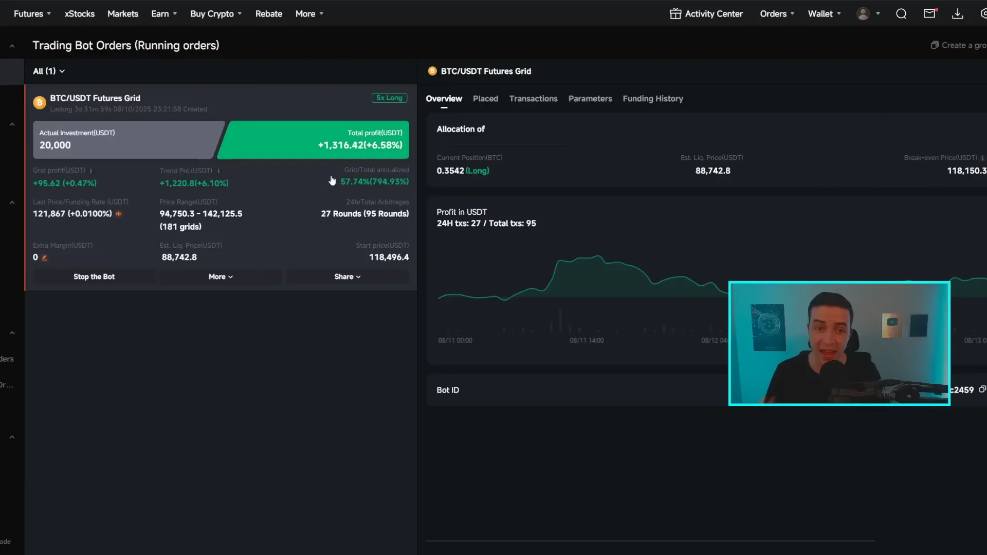 Pionex grid bot active — passive Bitcoin trading between $94k–$142k