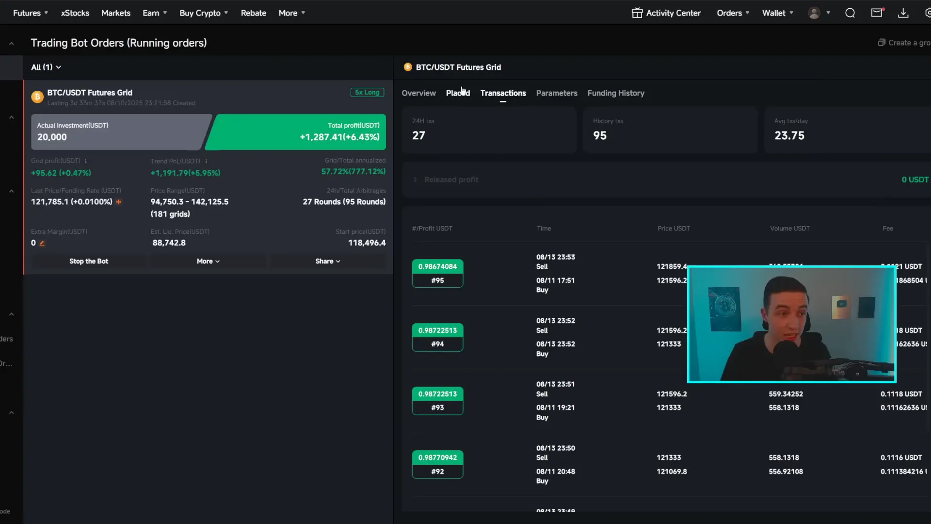 Grid bot transaction history showing passive earnings