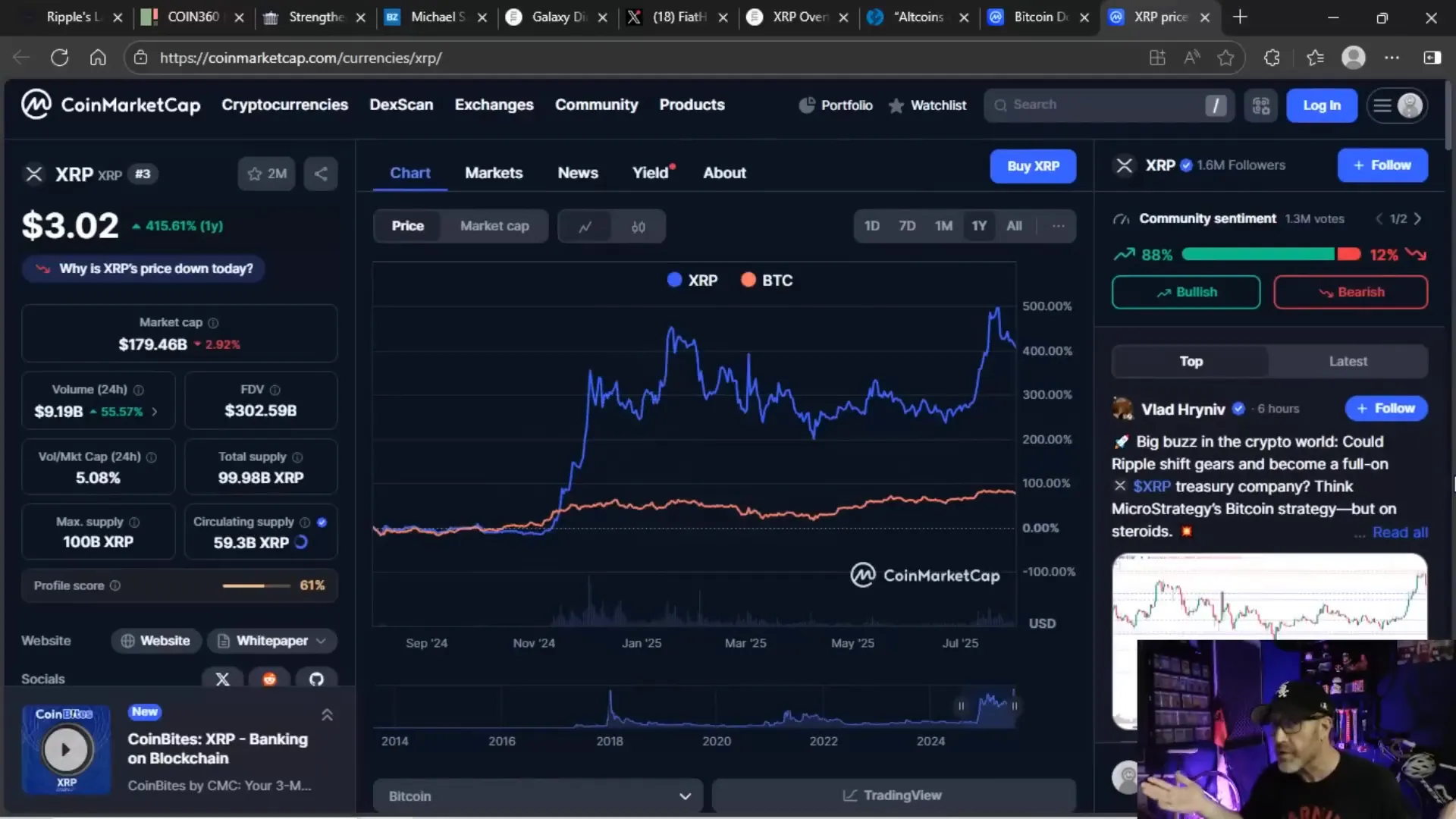 XRP price action compared to BTC over the last year