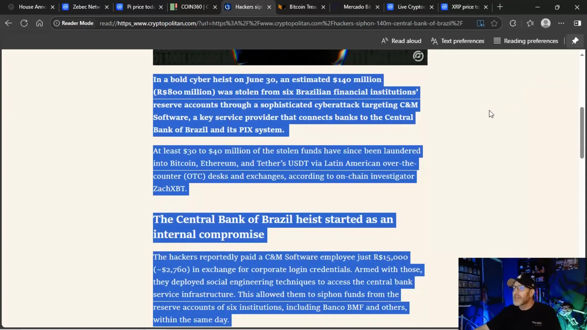 News report of Central Bank of Brazil hack and crypto laundering