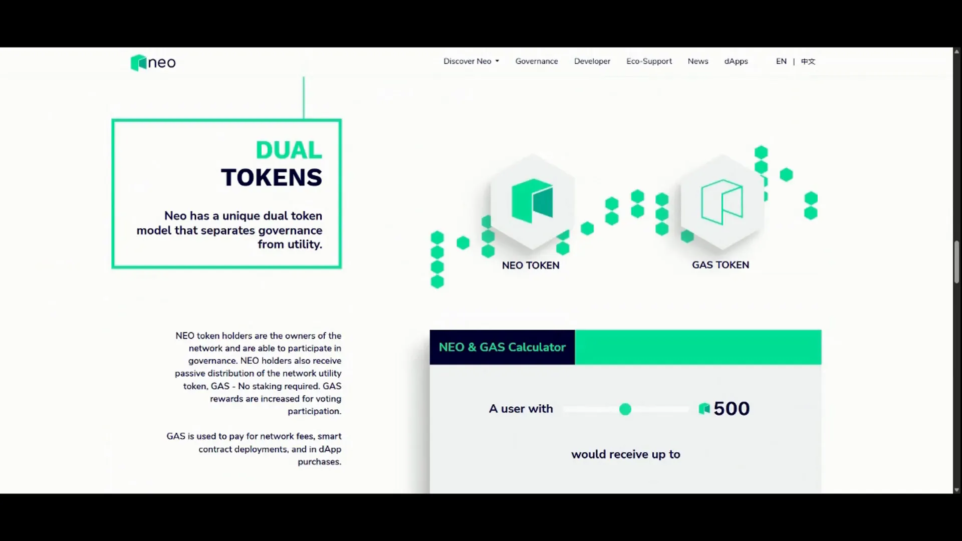 NEO dual-token model infographic showing NEO and Gas