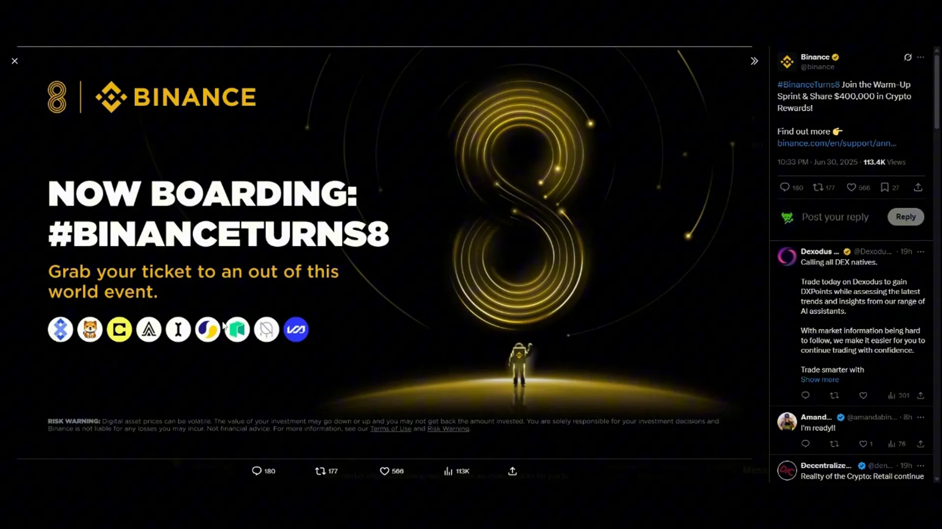 NEO logo featured in Binance's 8-year anniversary celebration
