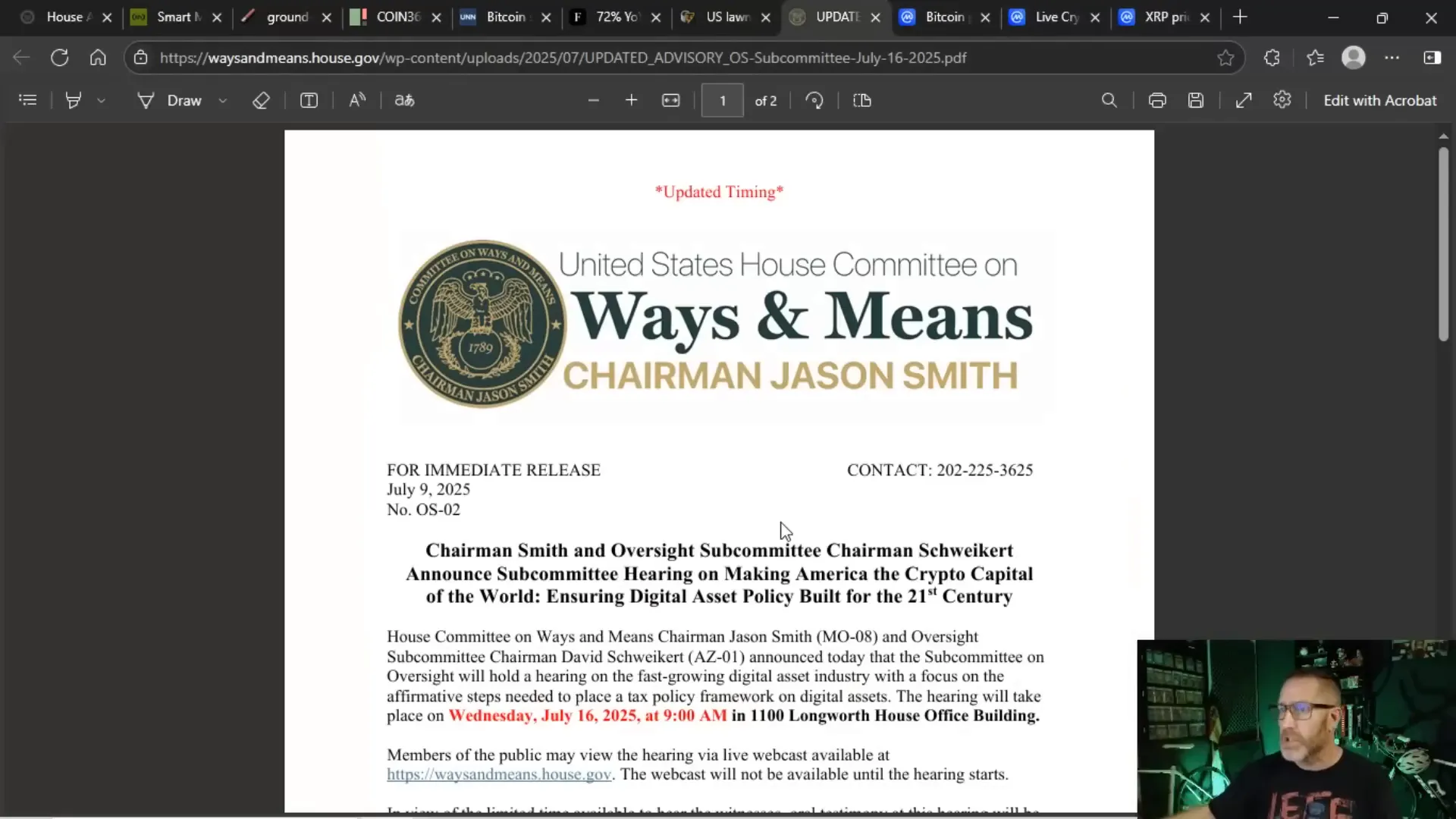 House Committee on Ways and Means notice about crypto tax policy hearing