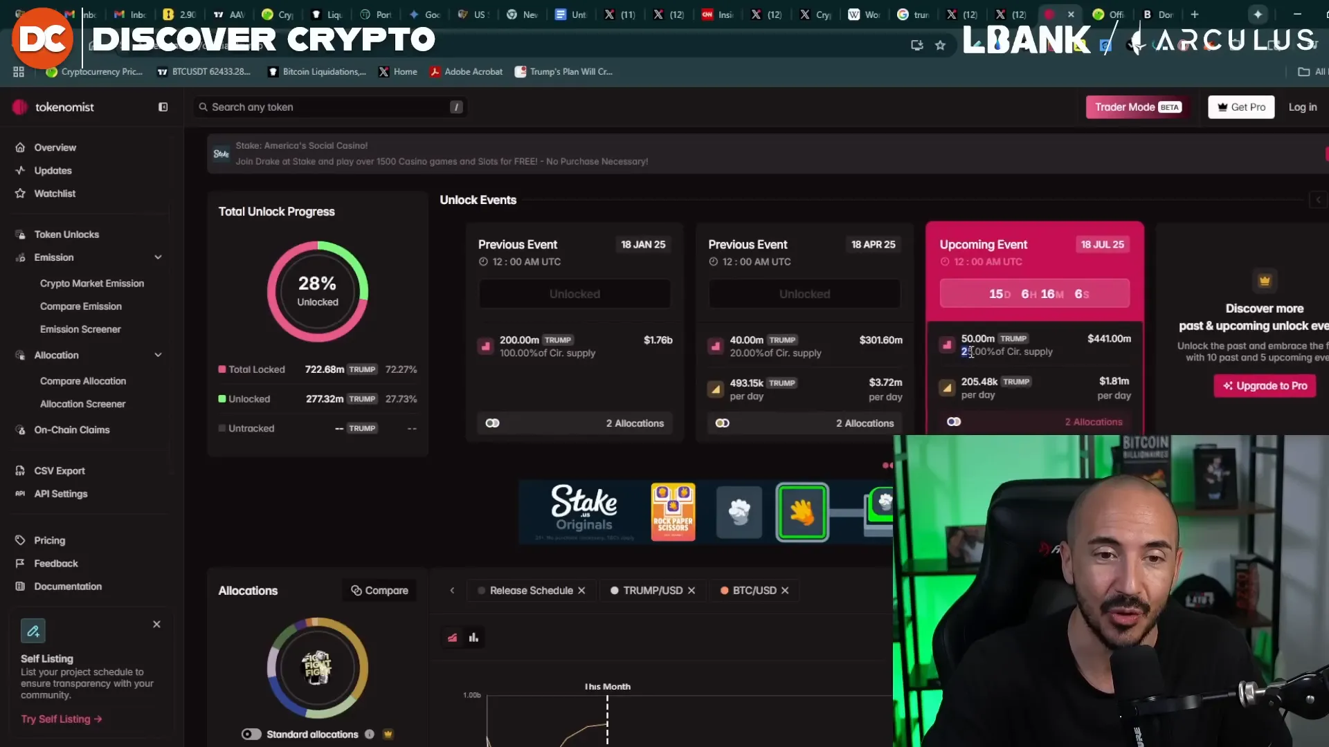 Token unlock schedule showing 50 million Trump Tokens unlocking in 15 days