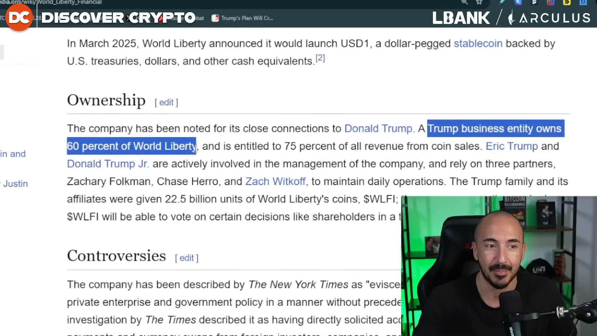 World Liberty Financial ownership structure showing Trump business entity owning 60%