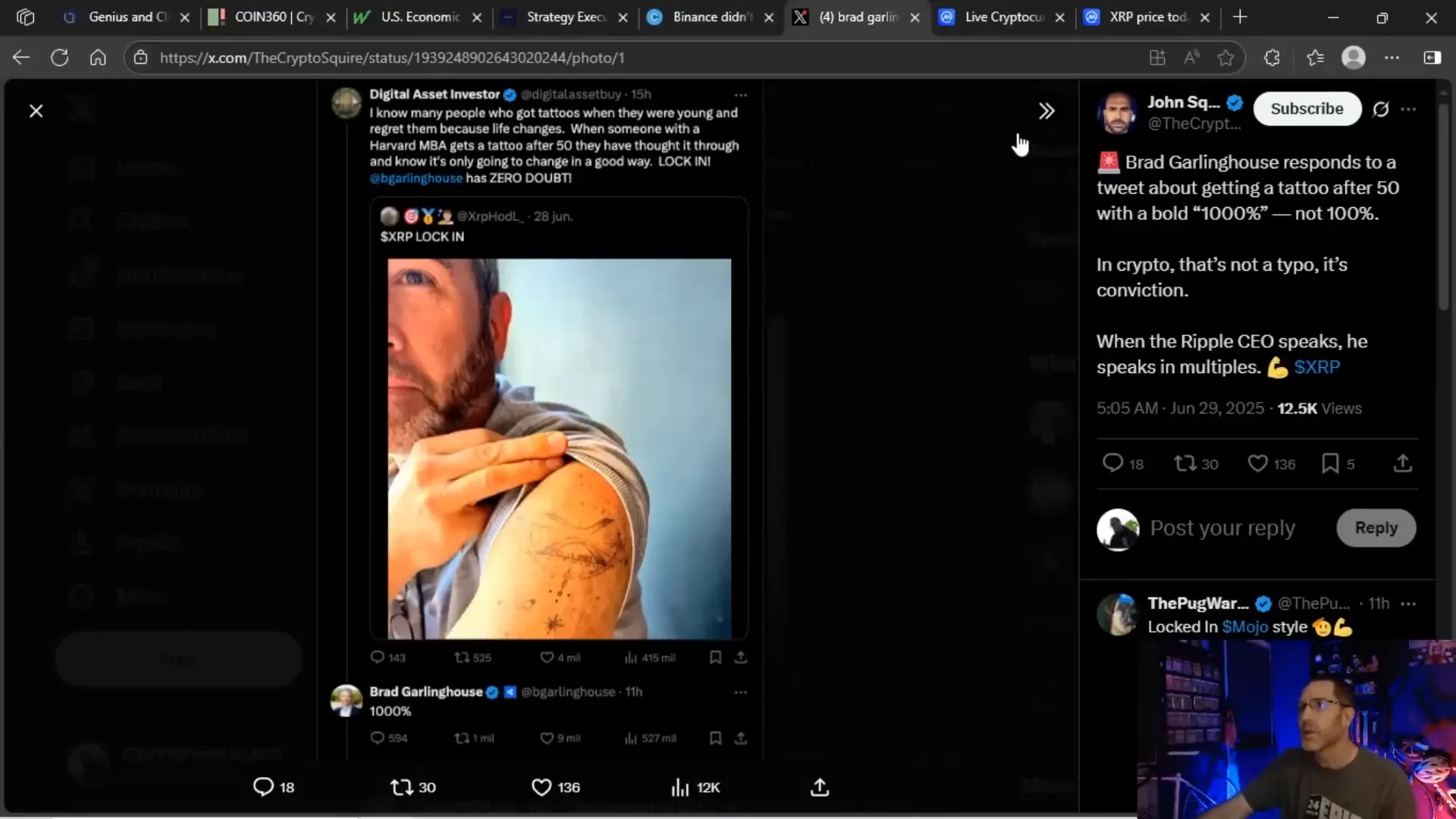 Brad Garlinghouse showing his XRP tattoo