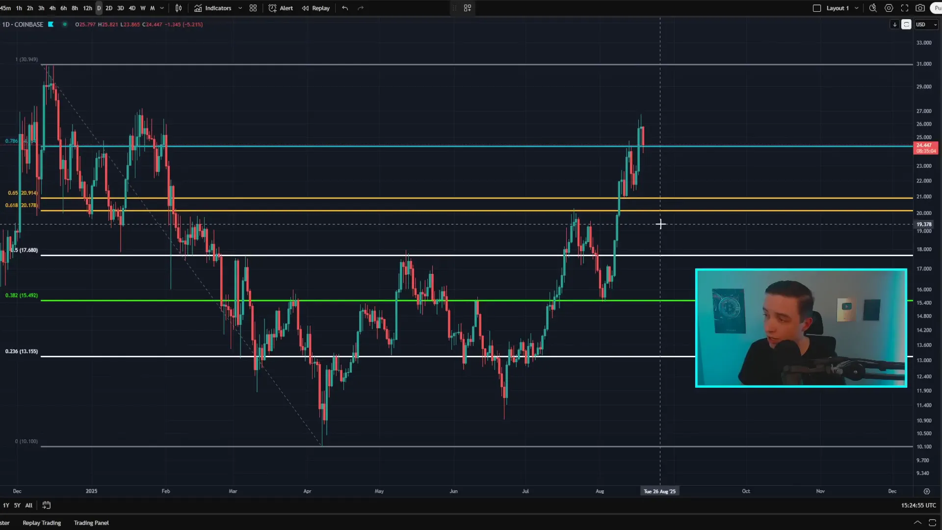 Chainlink daily chart testing $24 support with potential bearish divergence forming